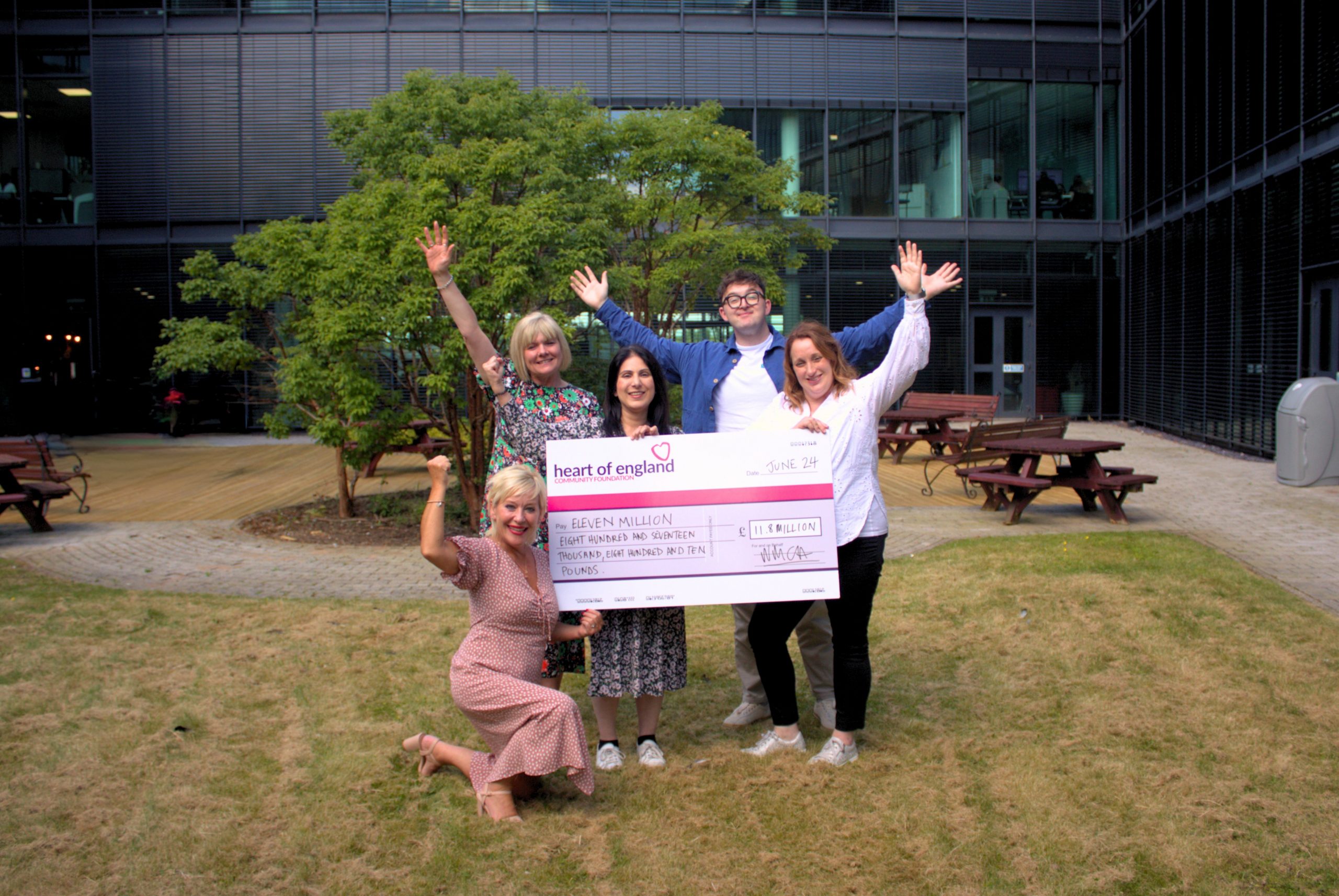 ICF Photo June 2024 Photo including Tina Costello OBE, Jayne Taylor-Farren, Shamiela Ahmed, Ryan Boyce and Helen Kendrick from Heart of England Community Foundation holding £11.8m big cheque